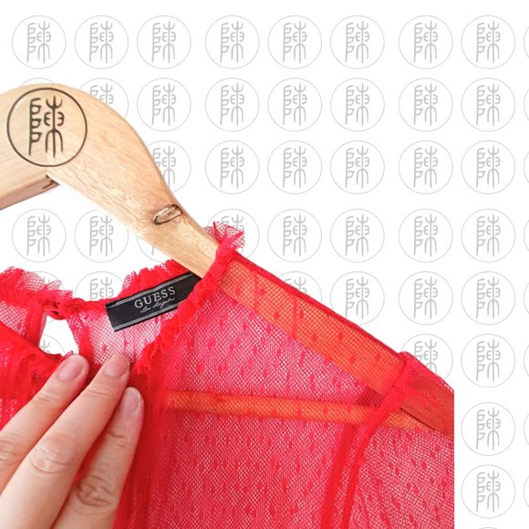 Guess Red Lace Pleated Ruffle Polka Dot Blouse Top Size M - Picture 4 of 5